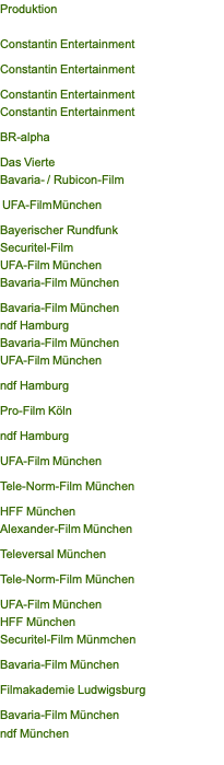 Produktion  Constantin Entertainment  Constantin Entertainment  Constantin Entertainment Constantin Entertainment  BR-alpha  Das Vierte Bavaria- / Rubicon-Film    UFA-Film München  Bayerischer Rundfunk Securitel-Film UFA-Film München Bavaria-Film München  Bavaria-Film München ndf Hamburg Bavaria-Film München UFA-Film München  ndf Hamburg  Pro-Film Köln  ndf Hamburg  UFA-Film München  Tele-Norm-Film München  HFF München Alexander-Film München  Televersal München  Tele-Norm-Film München   UFA-Film München HFF München Securitel-Film Münmchen  Bavaria-Film München  Filmakademie Ludwigsburg  Bavaria-Film München ndf München